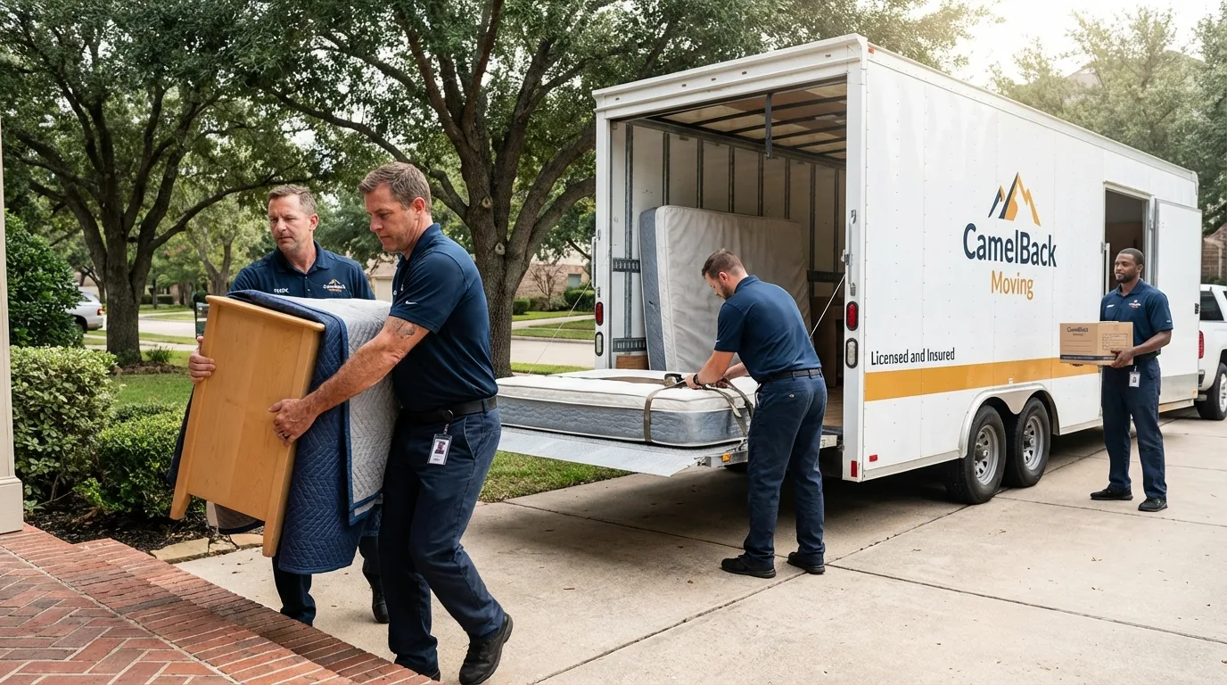 Crew loading residential truck for cross-state move from Brunswick, ME