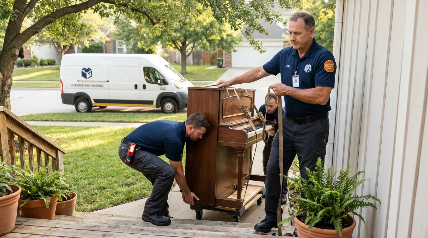 Licensed piano movers securing grand piano in Brunswick, ME