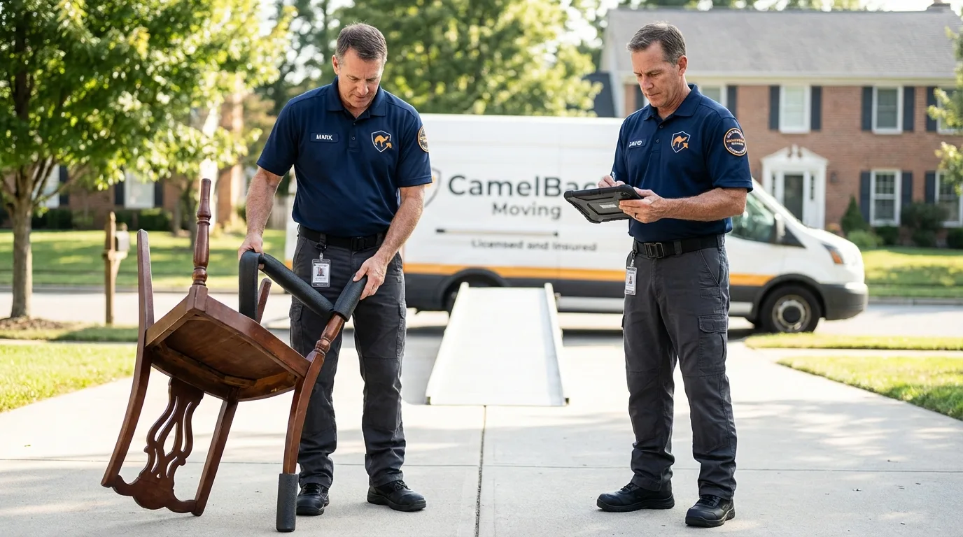 Movers inspecting furniture for damage prevention before loading in Brunswick, ME