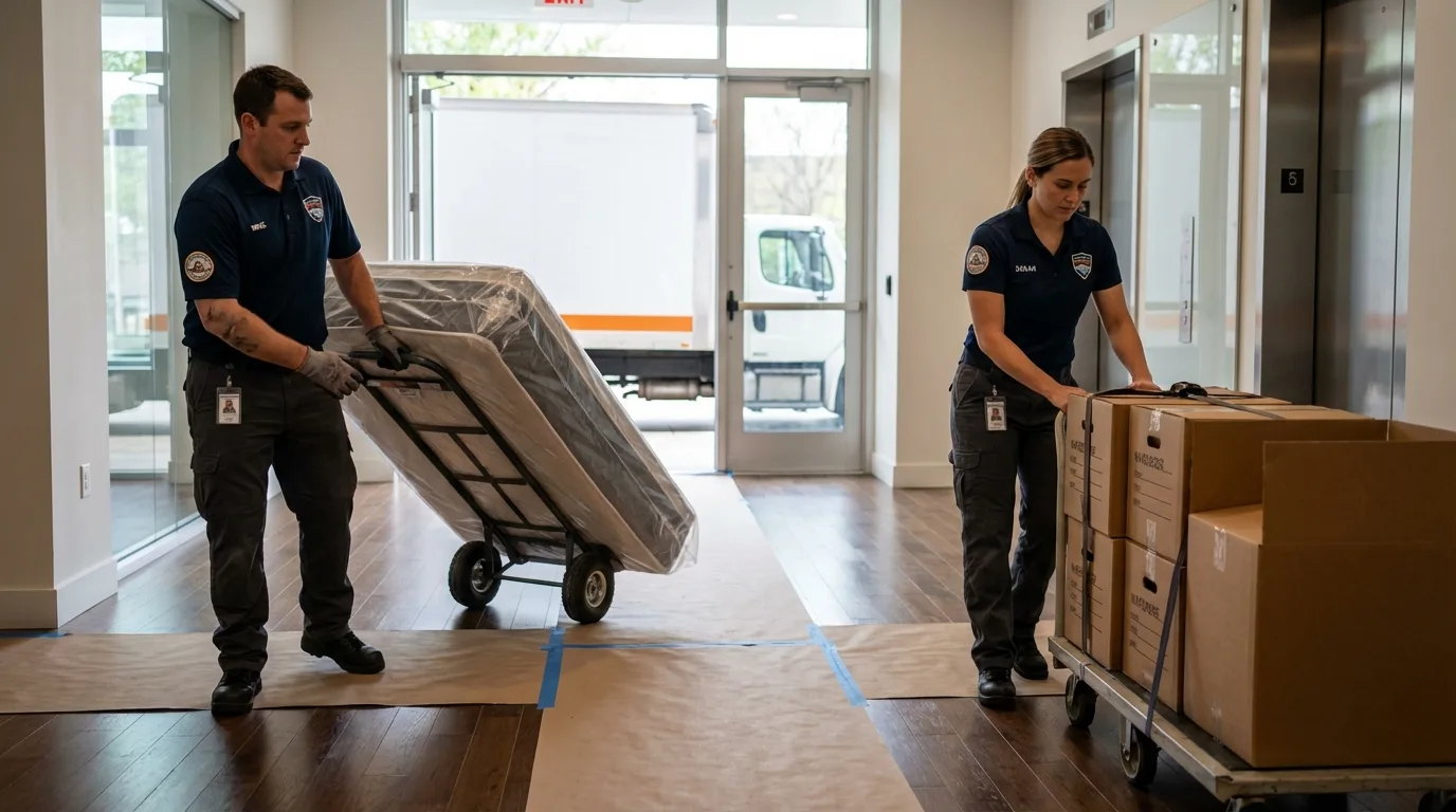 Professional apartment movers loading elevator in Brunswick, ME