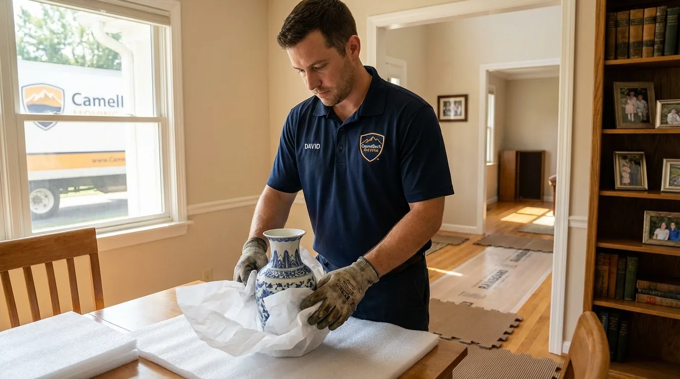 Professional crew carefully wrapping antique vase for senior downsizing move in Brunswick, ME