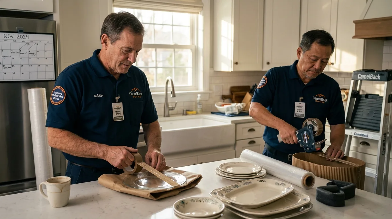 Professional crew packing kitchen dishware in Brunswick, ME